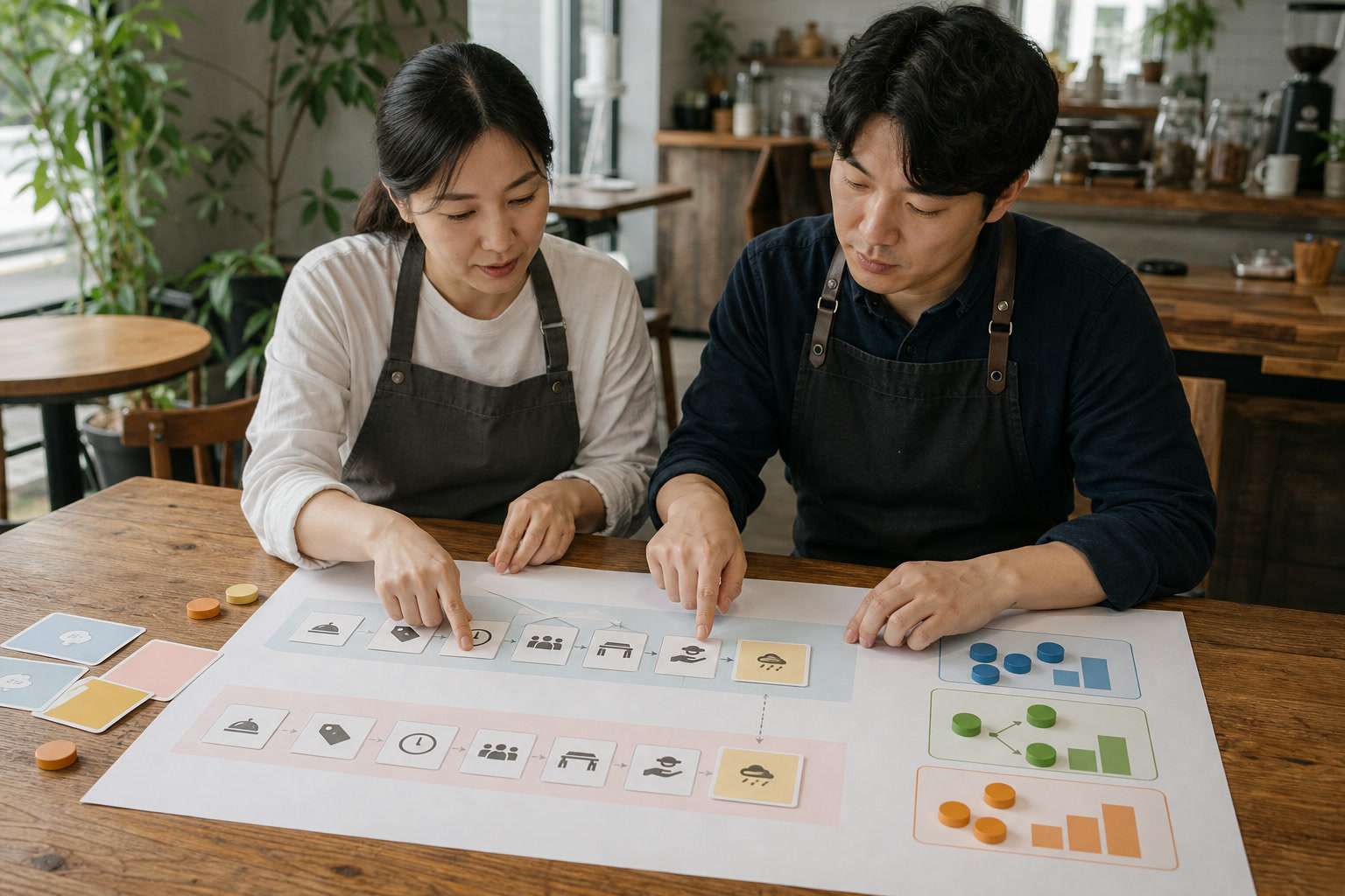 두 명의 한국 매장 운영자가 홍보에서 기대한 공간 가격 시간 구성과 실제 방문 뒤 고객 반응을 나란히 비교하는 장면