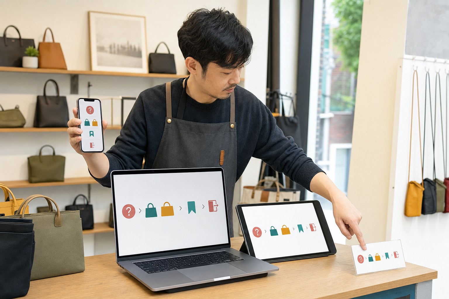 한국의 자영업자가 네이버 릴스 카카오톡 예약 화면 매장 안내의 CTA를 추천 이유 적합 조건 대안 나가기 경로로 정리하는 장면