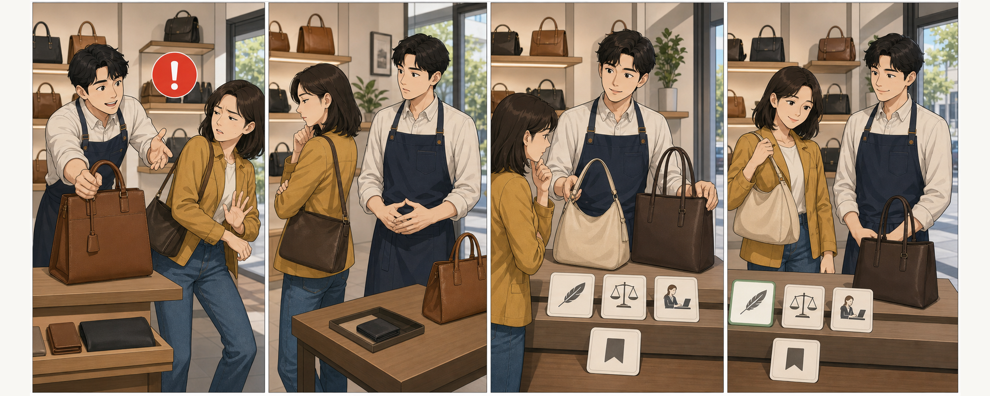 강한 구매 권유에 물러서던 고객이 추천 이유와 두 가지 실제 선택과 나중에 결정할 경로를 안내받고 스스로 선택하는 4컷 만화