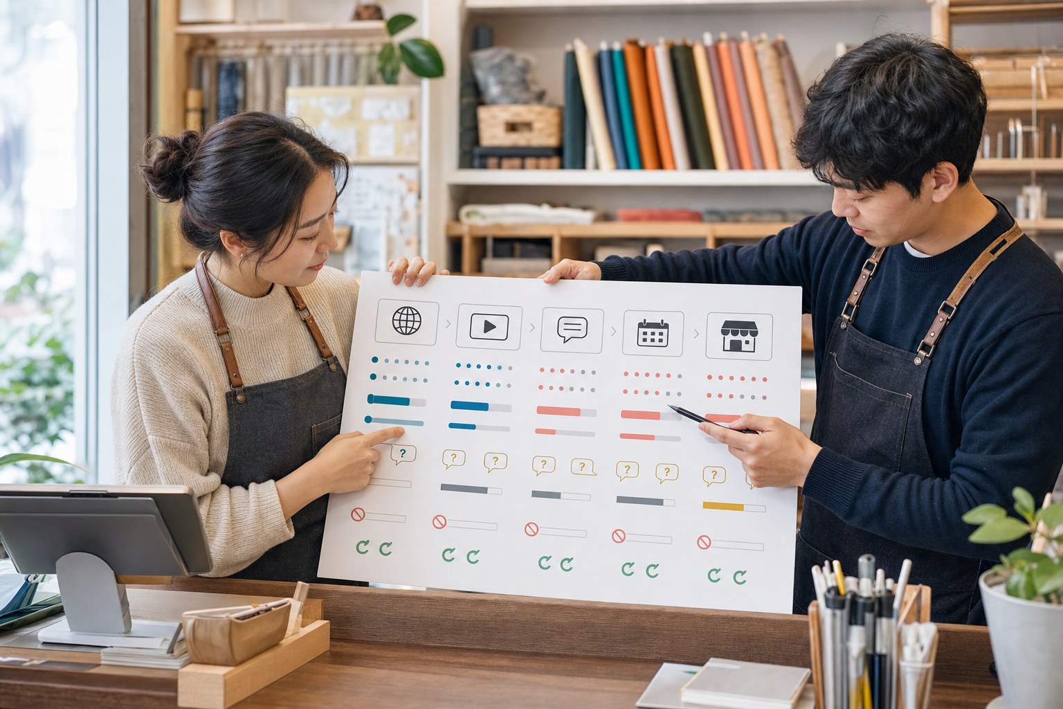 한국의 소상공인 팀이 CTA 클릭 예약 완료 즉시 이탈 반론 차단 취소 거절 뒤 재권유를 채널별로 점검하는 장면
