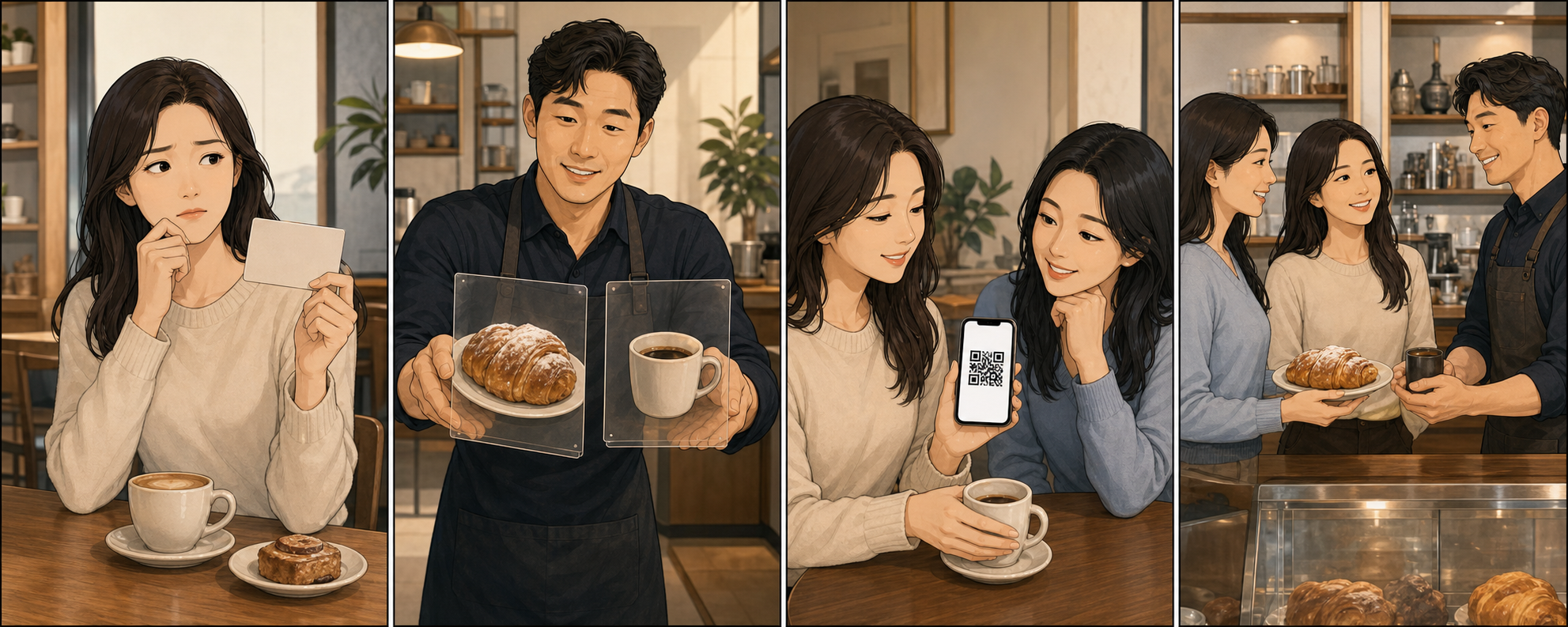 단골 고객이 자기 보상만 강조된 추천 문구를 보내기 망설이다가 친구에게 돌아가는 혜택과 조건이 분명한 초대 카드를 자연스럽게 전달하는 4컷 만화