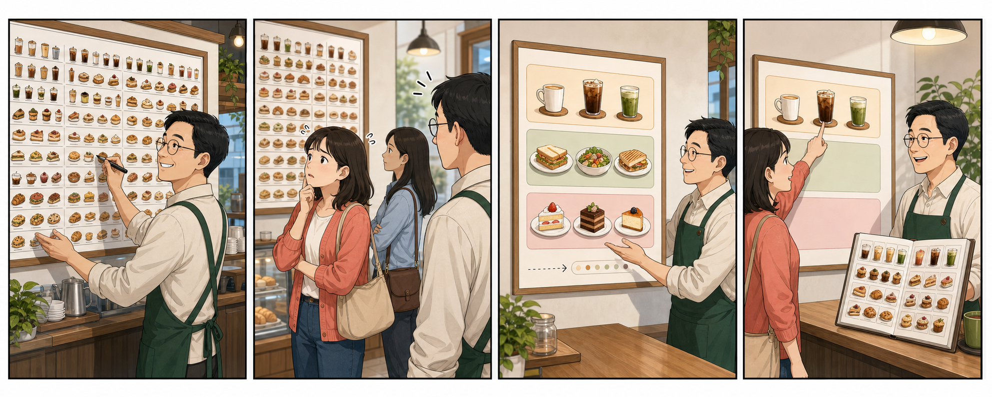 메뉴를 많이 보여주면 잘 팔릴 거라 생각한 사장님이 망설이는 손님을 보고 추천 메뉴와 전체 보기로 메뉴판을 다시 구성하는 4컷 만화