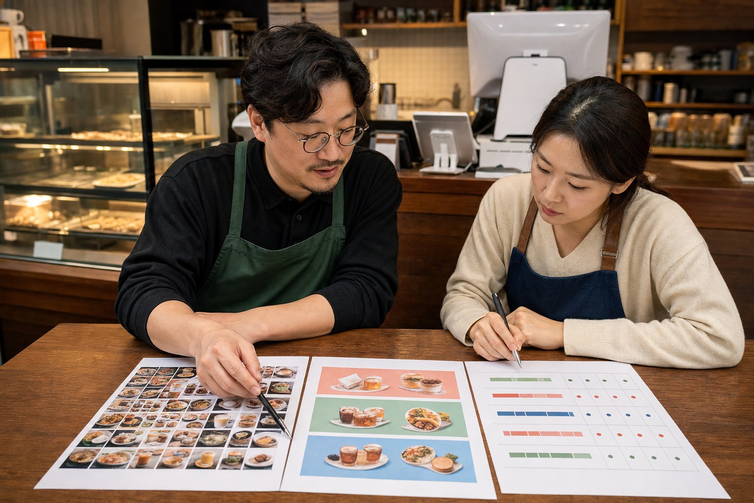 매장 사장님이 기존 전체 메뉴안과 추천 중심 메뉴안의 주문 완료 시간 질문 수 변경률을 표로 비교하는 장면