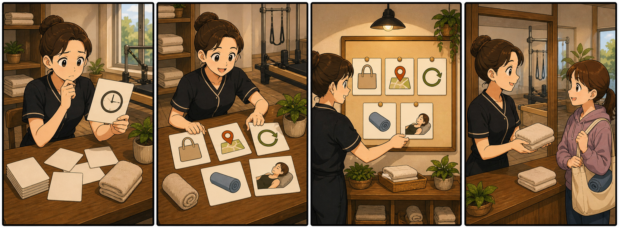 예약 리마인드 문자를 시간 확인에서 준비물, 위치, 변경 방법, 추가 선택지 안내로 바꾸는 4컷 만화