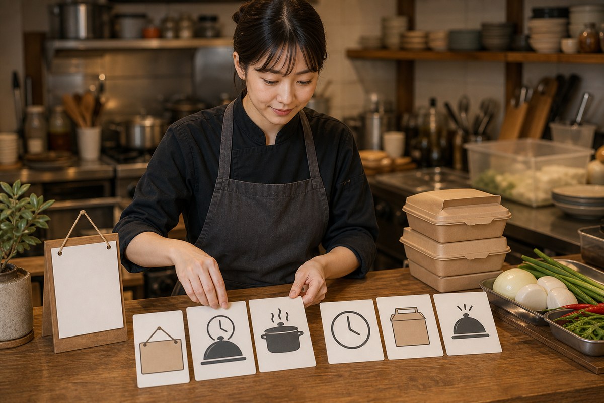 식당 운영자가 브레이크타임과 라스트오더 안내 카드를 정리하는 모습
