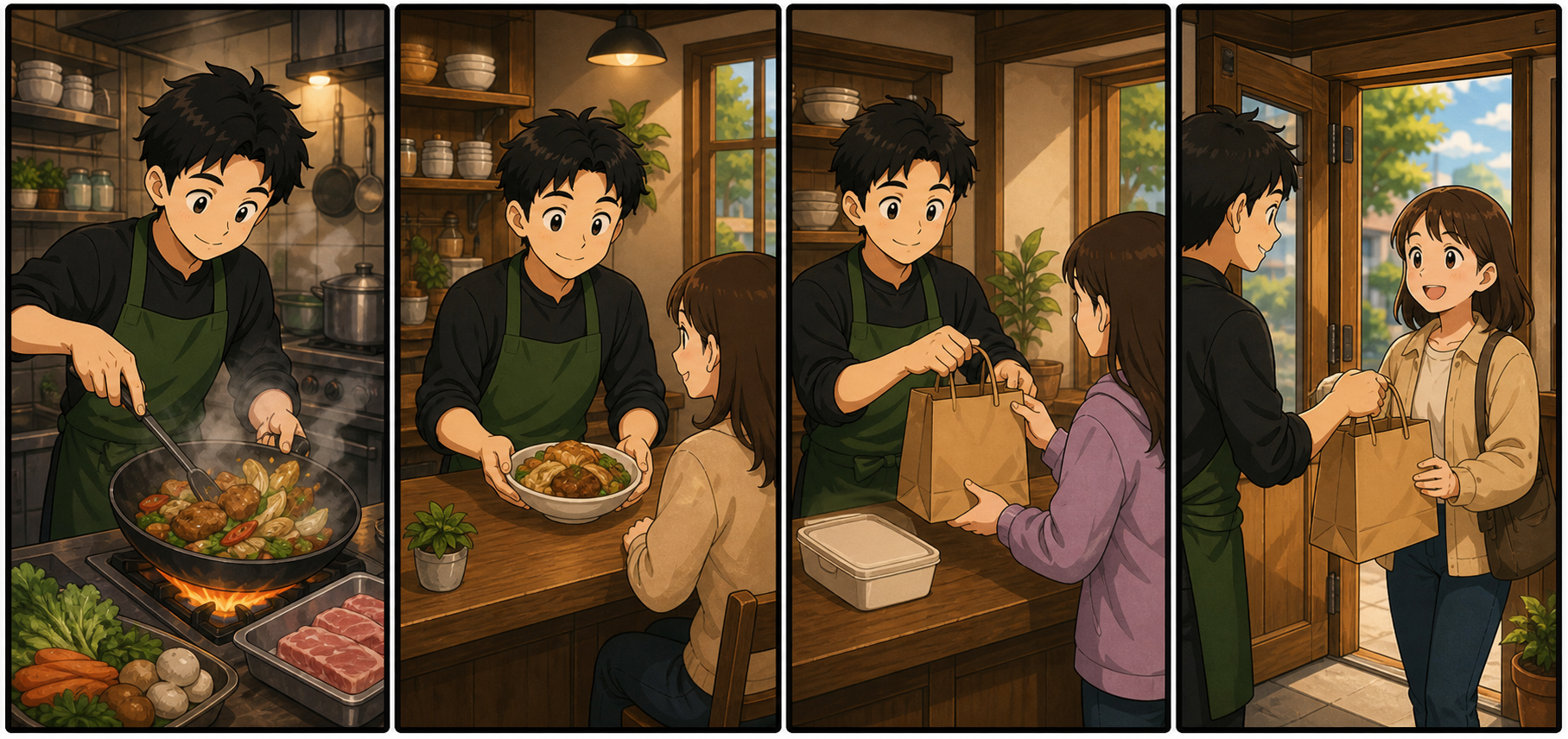 식당 쇼츠가 맛있는 장면에서 끝나지 않고 포장, 대기, 수령 이유까지 이어지는 4컷 만화