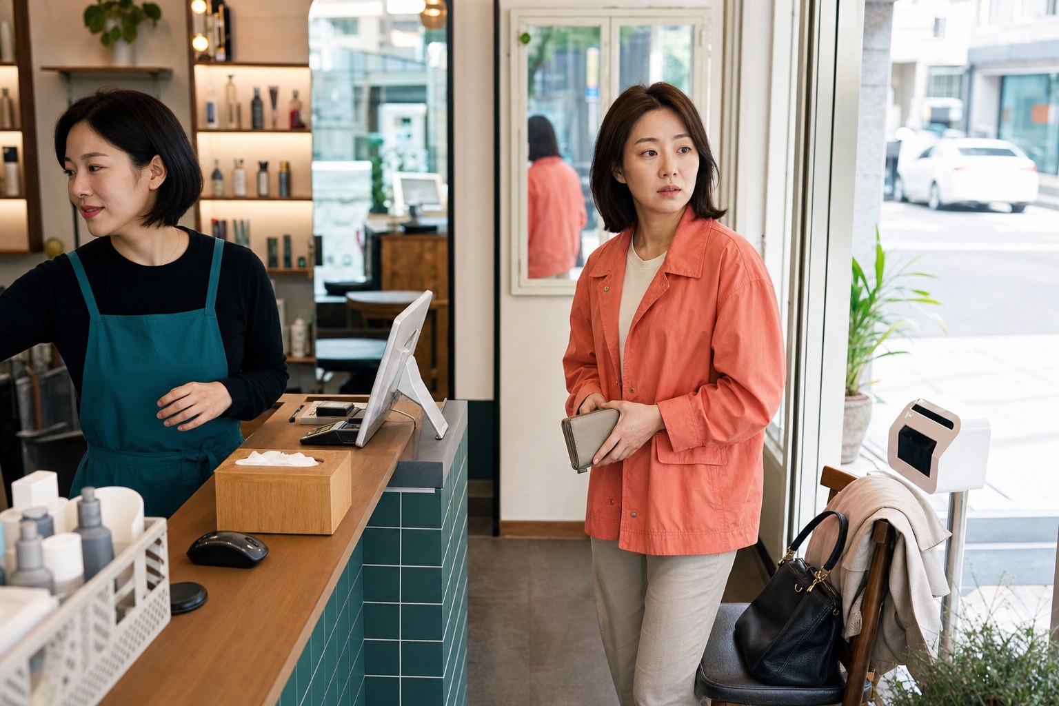 한국의 작은 미용실에서 만족한 손님이 계산대 앞에서 결제와 다음 관리 안내를 기다리고 직원들이 바쁘게 움직이는 장면