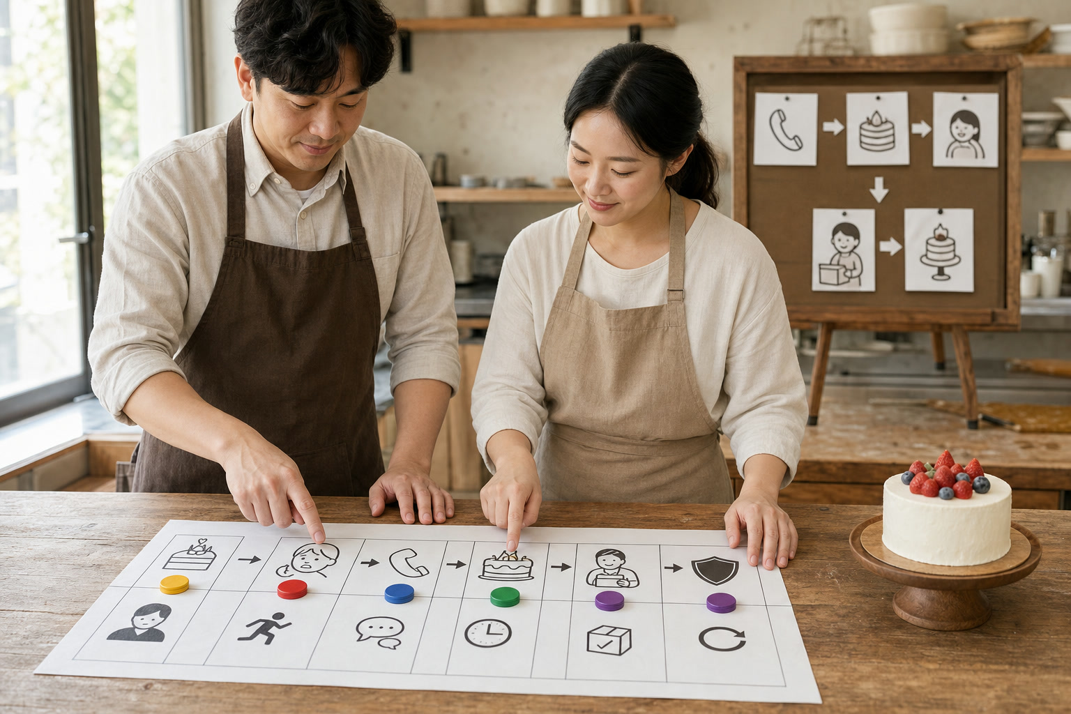 두 명의 한국 소상공인이 서비스 문제 기록에서 첫 책임자 시간 왕복 횟수 약속 준수 재개방 재발을 색상 토큰으로 점검하는 장면