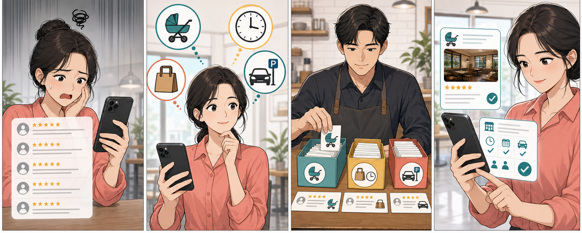 수많은 별점 후기 앞에서 망설이던 고객이 자기와 비슷한 방문 상황으로 분류된 실제 사례를 찾아 예약 조건을 확인하는 4컷 만화