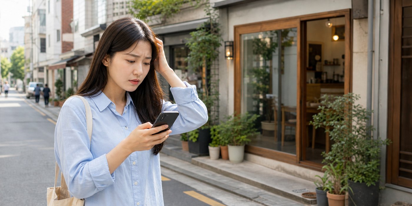 처음 방문하는 손님이 동네 골목에서 길 안내 문자를 확인하며 헷갈려 하는 모습