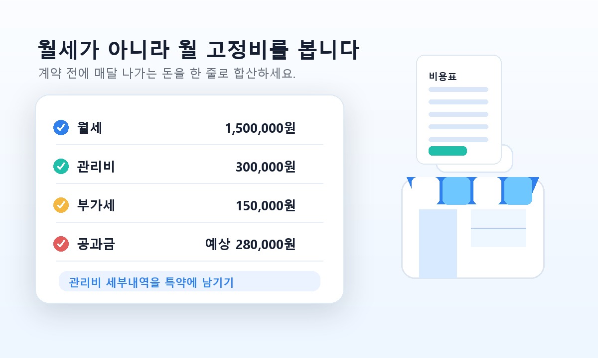 상가 계약서와 비용표를 놓고 보증금, 월세, 관리비, 권리금을 확인하는 장면