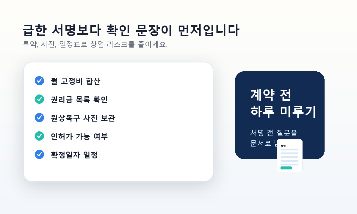 계약 전 체크리스트를 보고 특약 문구와 확인 일정을 정리하는 장면