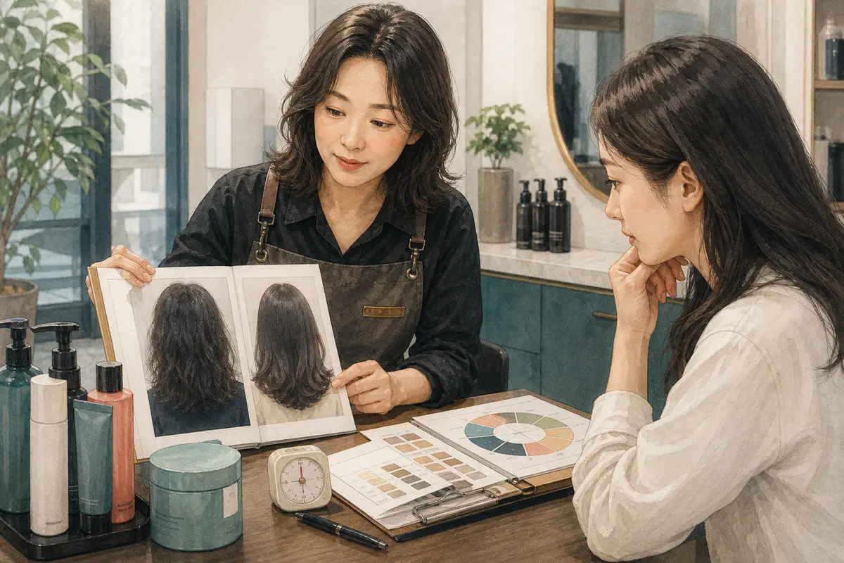 한국인 미용실 사장님이 상담 차트, 약제와 시술 시간 기록을 전후사진과 대조하는 장면