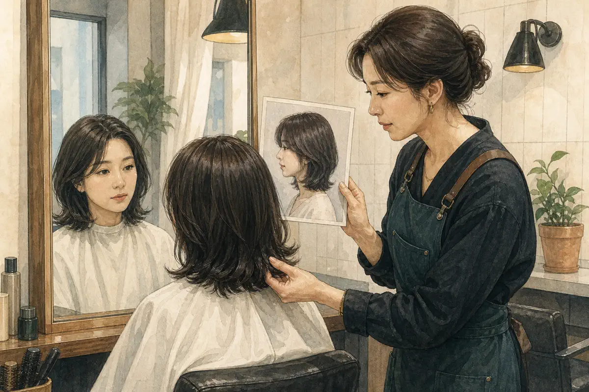 한국 미용실 거울 앞에서 고객과 디자이너가 시술 전 레퍼런스 사진과 현재 머리 상태를 차분히 비교하는 장면