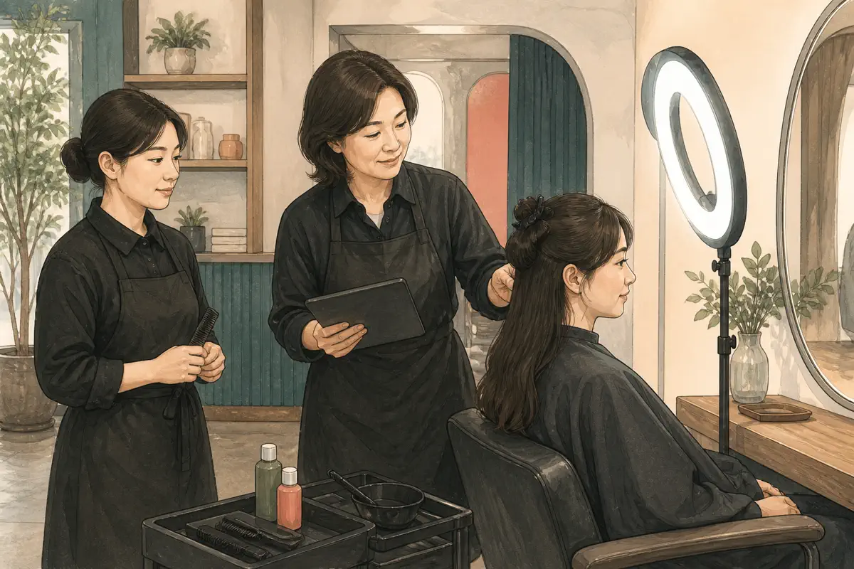 한국 미용실 직원들이 고정 조명 촬영 위치와 시술 중간 확인 절차를 점검하는 장면