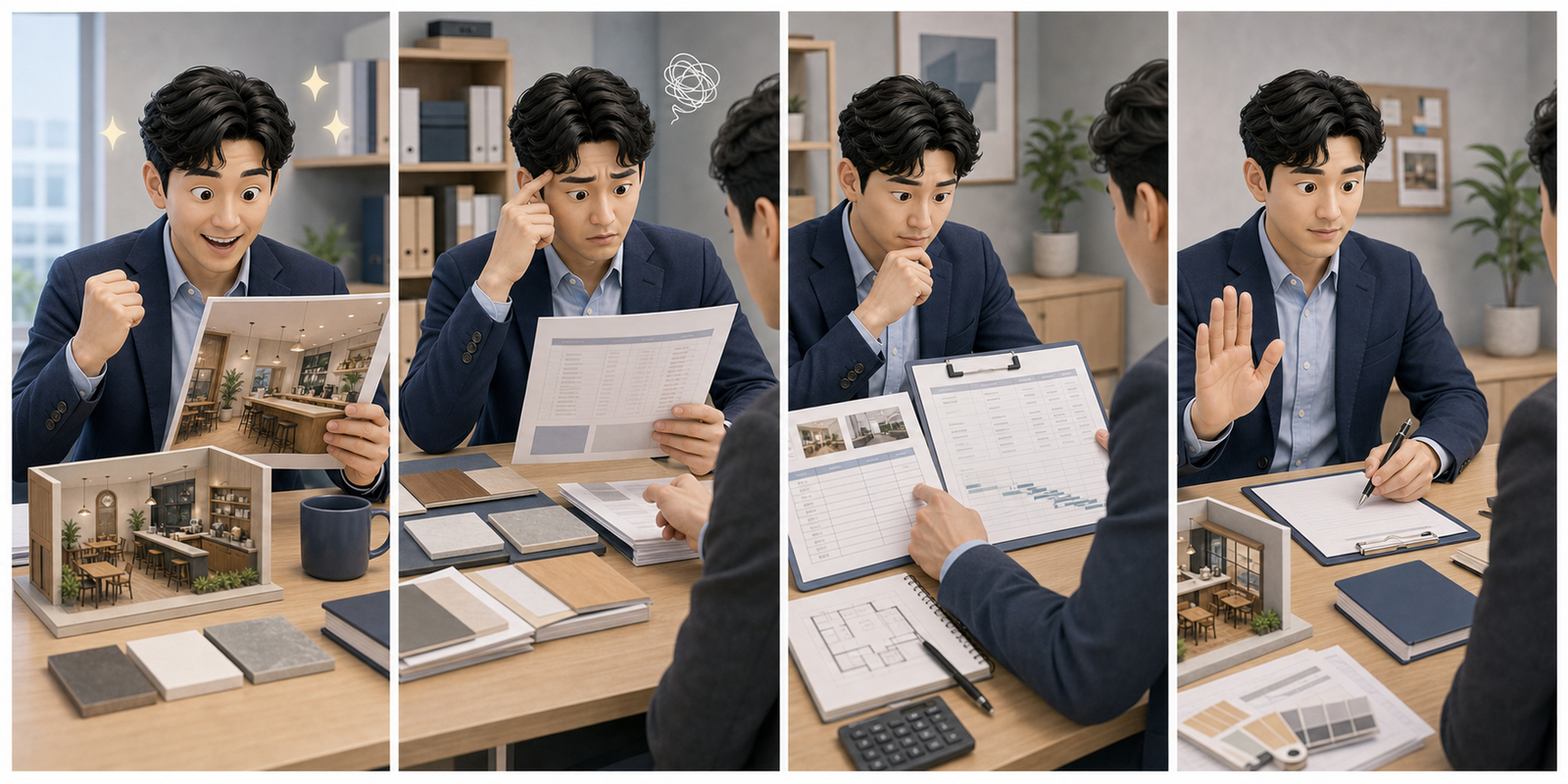 예비 사장님이 매장 인테리어 제안을 보고 견적서, 자재, 공정표, 잔금 조건을 확인한 뒤 서명을 미루는 4컷 안내 이미지