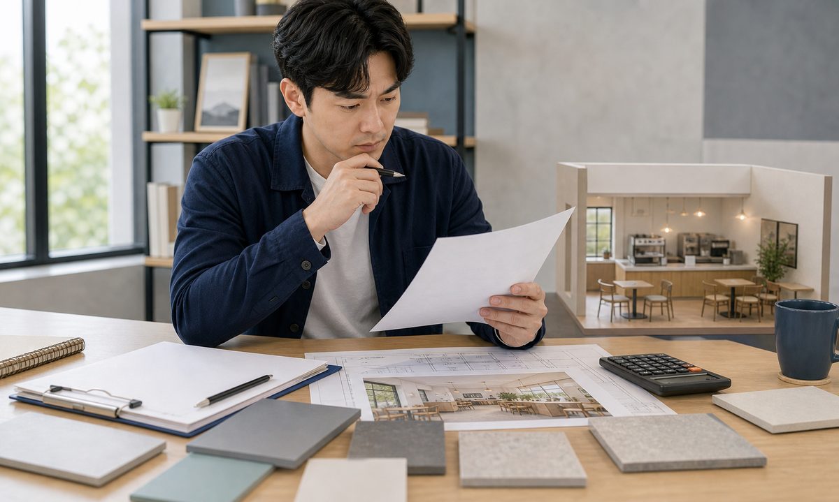인테리어 계약 전 견적서와 자재 샘플, 도면을 확인하는 예비 사장님