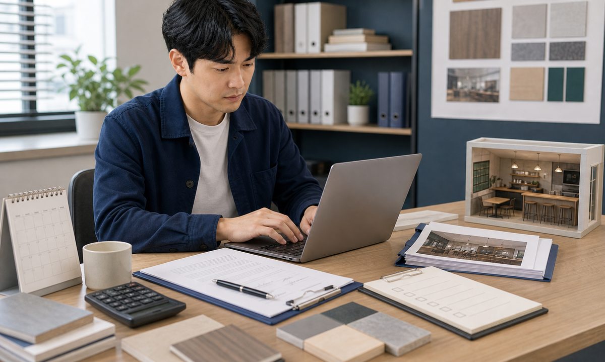 인테리어 계약 전 서명을 미루고 세부 견적과 하자보수 조건을 문의하는 장면