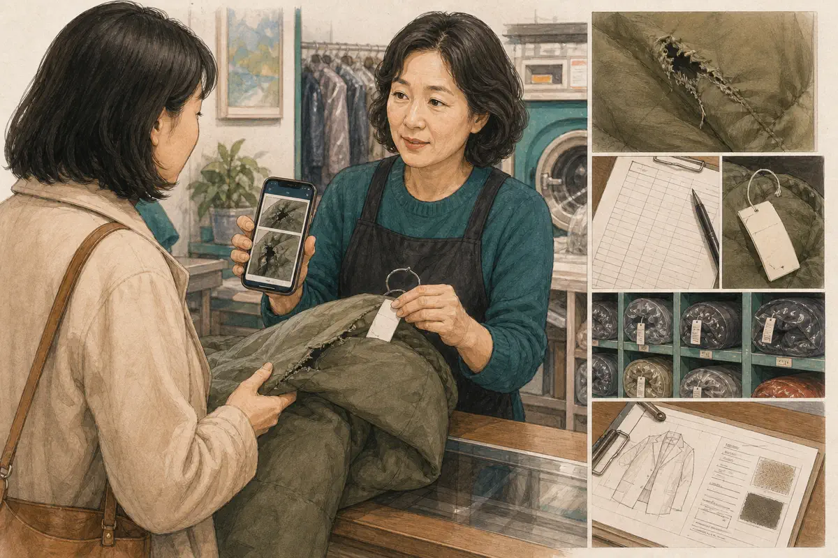 한국인 세탁소 사장님이 작업 기록, 보관 태그와 전문 수선 견적을 대조하는 장면