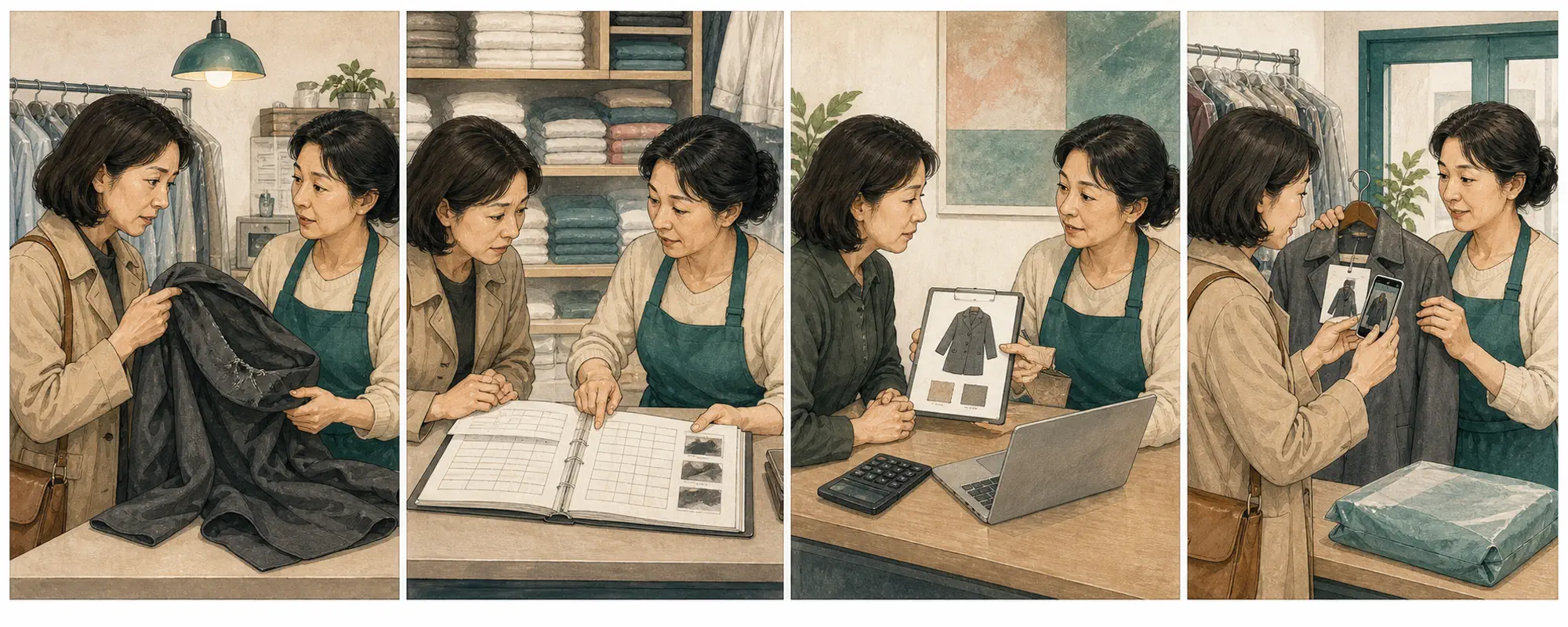 한국 세탁소에서 고객이 손상된 옷을 알리고 직원이 인수증·공정 기록을 확인한 뒤 복원·배상안을 제시하는 4컷 일러스트