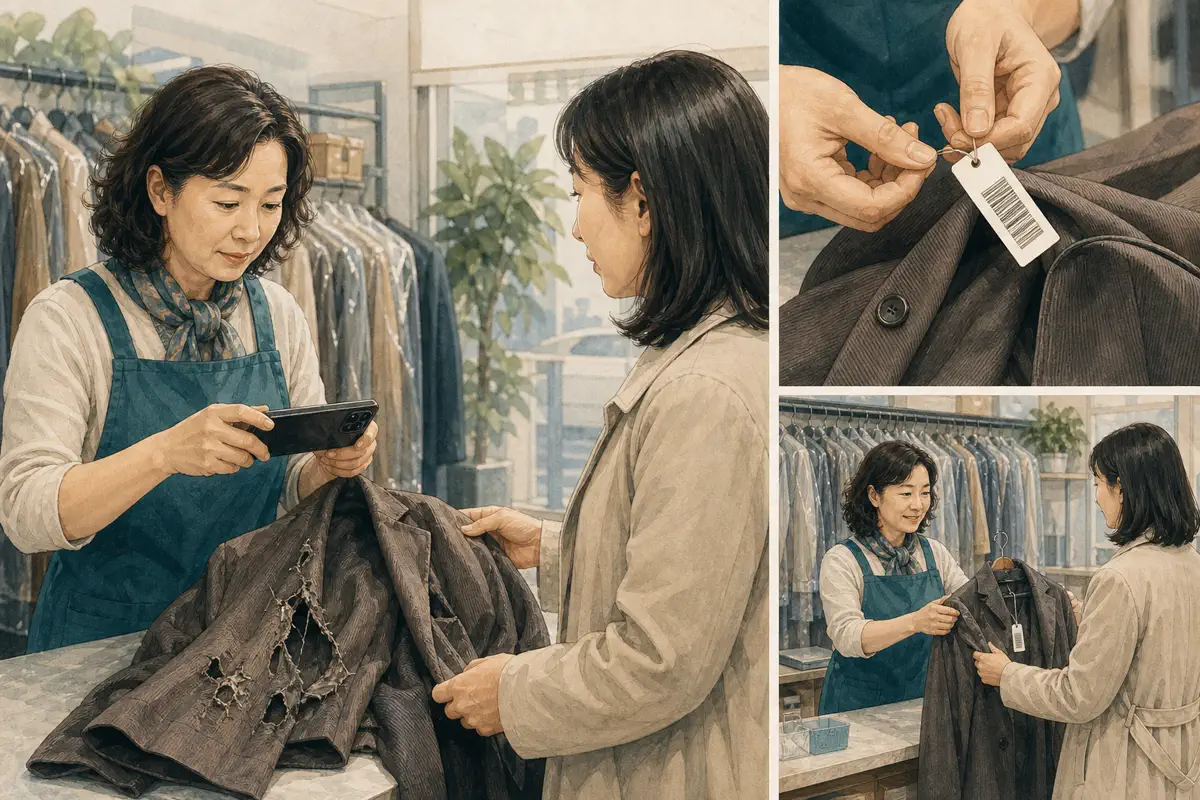 한국 세탁소 직원들이 접수 사진과 바코드 태그, 수령 확인 절차를 점검하는 장면
