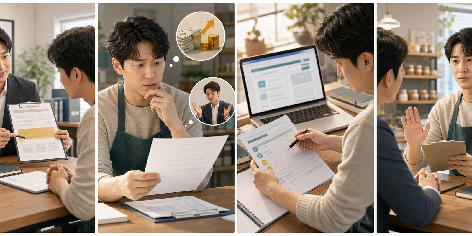 예비 사장님이 정책자금 대행 제안을 받고 착수금, 성공보수, 공식 신청 경로, 허위서류 위험을 확인한 뒤 서명을 미루는 4컷 안내 이미지