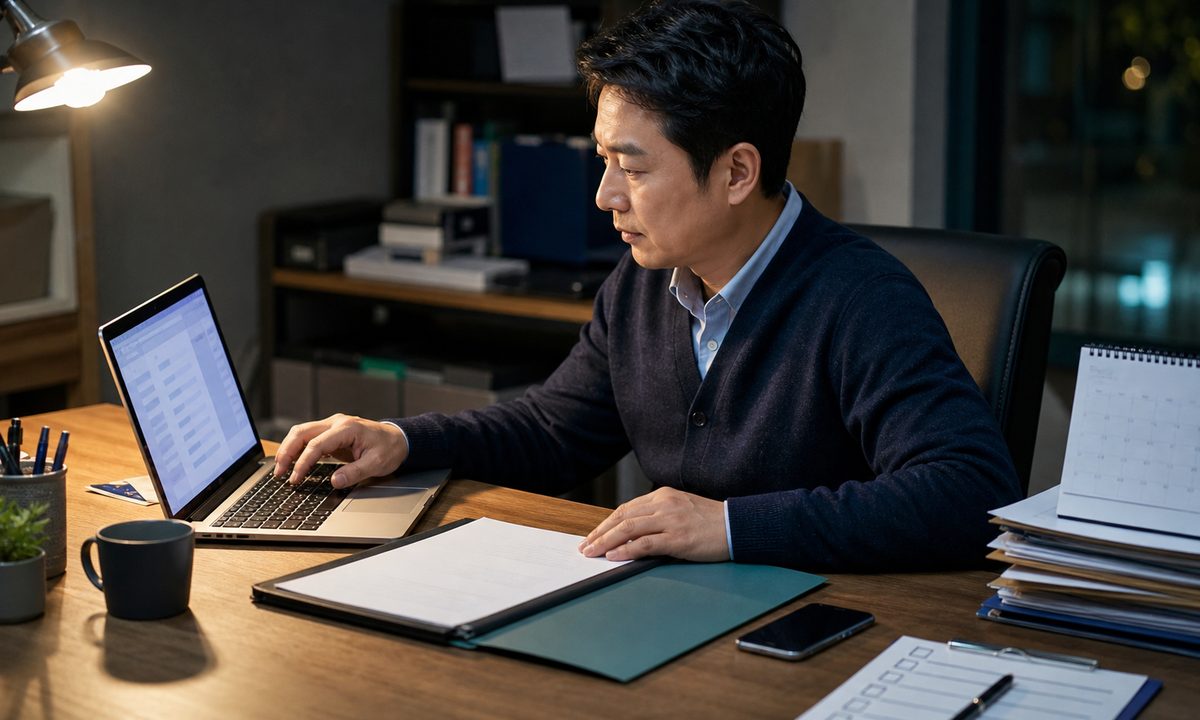 예비 사장님이 정책자금 대행 계약 서명을 미루고 확인 질문을 문서로 보내는 장면