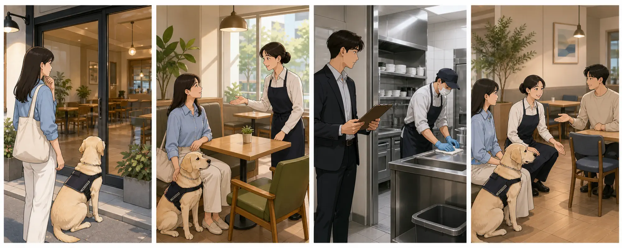 한국 카페에서 반려견 동반 고객과 다른 고객의 불편을 직원이 안내문, 좌석 분리, 위생 점검으로 해결하는 4컷 일러스트