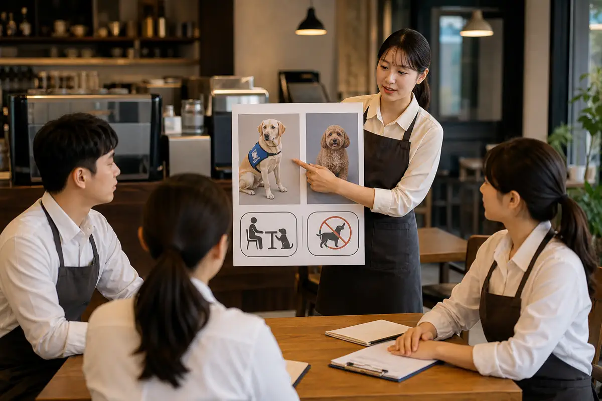 한국 카페 직원들이 보조견과 일반 반려동물 응대 기준을 교육받는 장면
