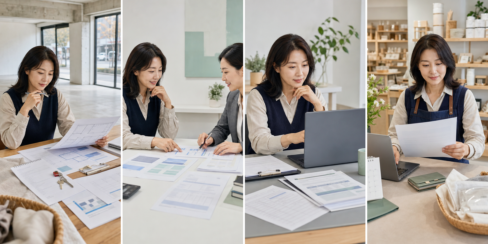 매장 예비 사장님이 임대차계약서와 사업계획을 확인하고 세무서 상담을 거쳐 사업자등록 신청서를 검토한 뒤 발급된 등록정보를 다시 대조하는 4컷 안내 이미지
