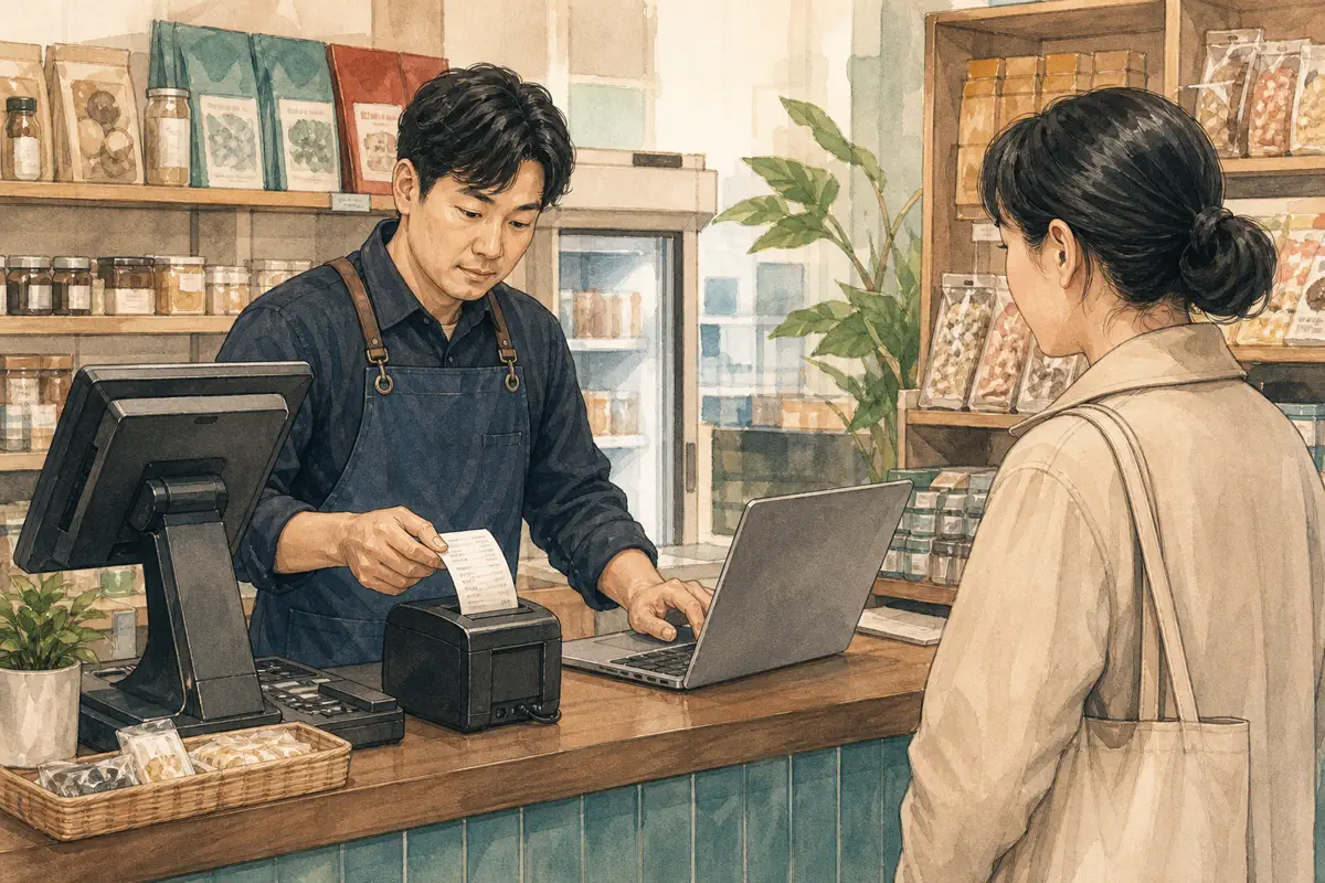 한국인 매장 사장님이 POS와 카드매출 조회 화면을 보며 취소전표를 출력하는 장면