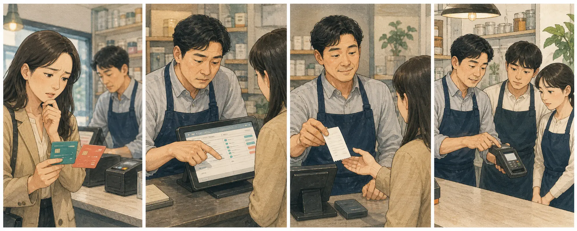 한국 매장에서 고객이 카드 알림 두 건을 보여 주고 직원이 승인번호를 확인해 중복 한 건을 취소하는 4컷 일러스트