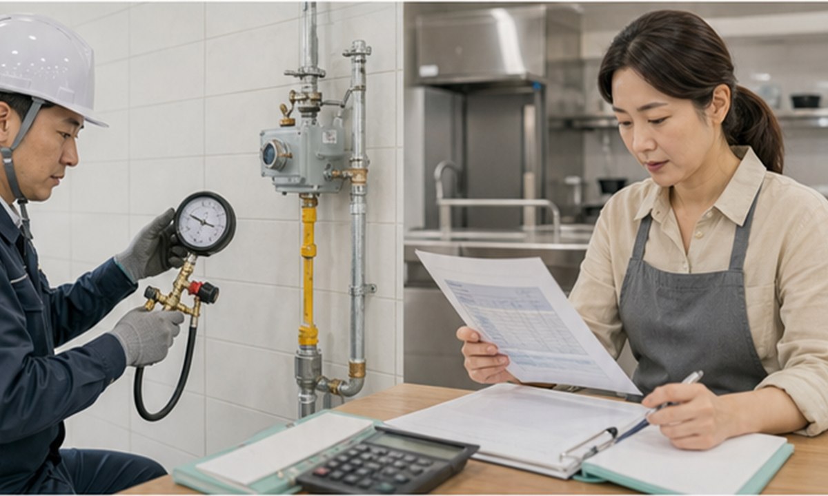 예비 사장님과 가스시설공사 등록업체 담당자가 매장 계량기와 배관 앞에서 도면, 압력계와 항목별 견적을 검토하는 장면