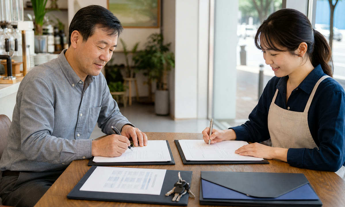 한국인 매장 임차인과 임대인이 갱신계약서의 임대료와 관리비 항목, 계약기간을 최종 확인하고 각각 서명하는 장면
