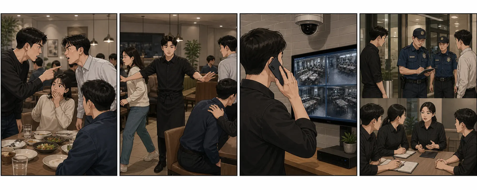 한국 음식점에서 고객 간 다툼이 발생해 직원이 거리를 확보하고 112 신고, CCTV 보존, 경찰 인계를 하는 4컷 일러스트
