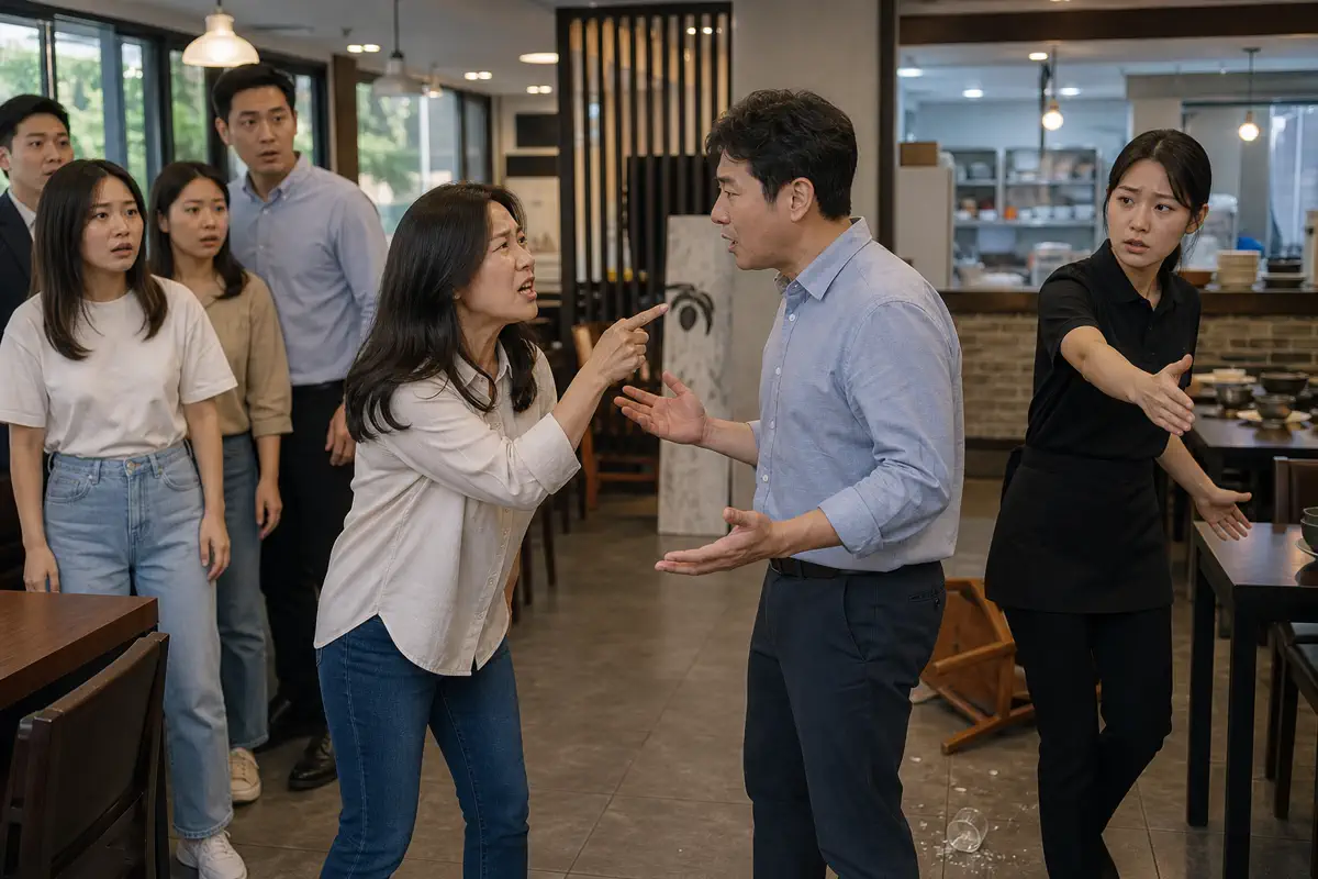 한국 음식점에서 두 고객이 다투고 직원이 주변 손님을 안전한 곳으로 안내하는 장면