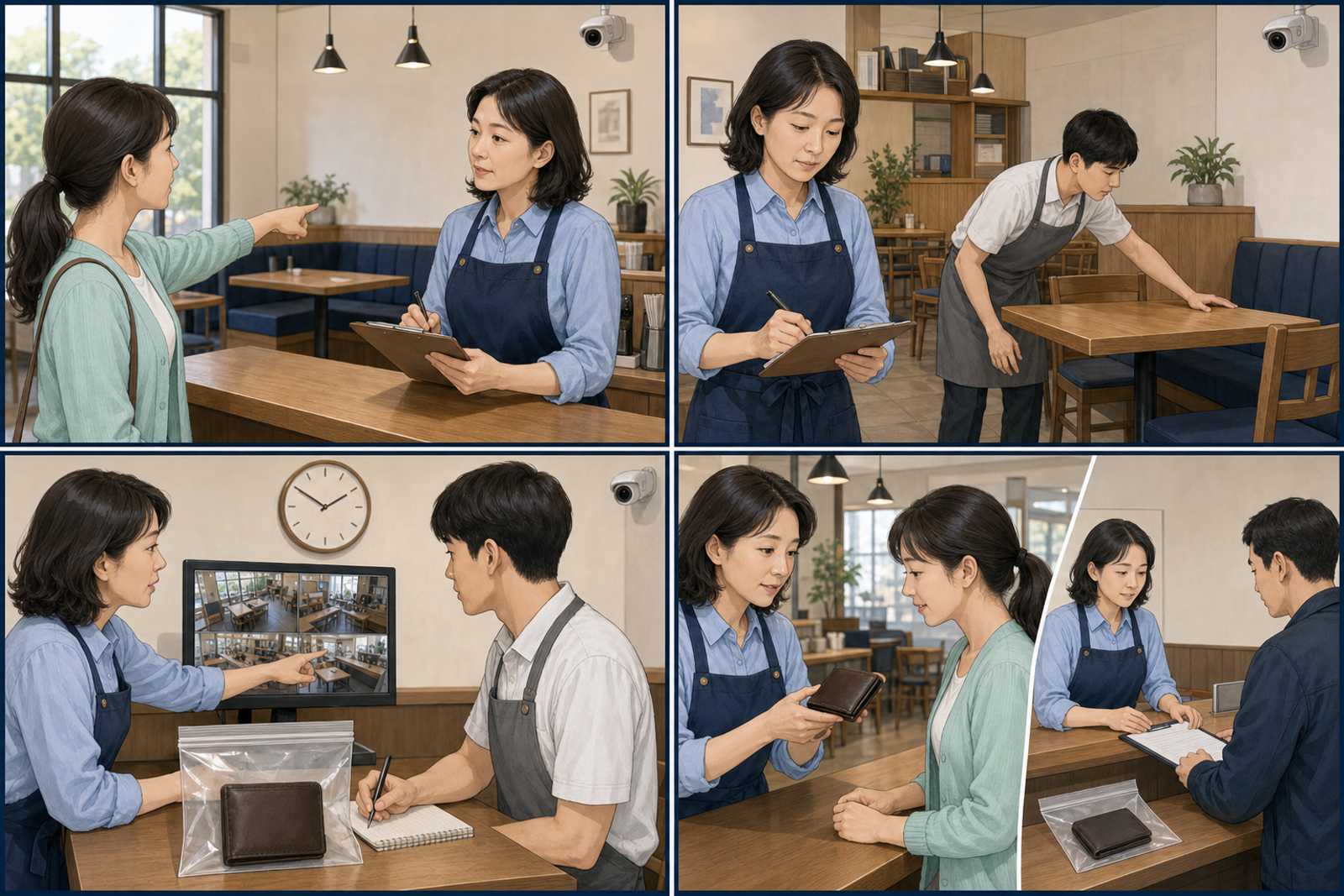 한국인 고객이 카페에서 지갑 분실을 알린 뒤 직원이 접수하고 사장님이 CCTV를 보존하며 습득물을 기록해 경찰에 인계하는 4컷 안내 이미지