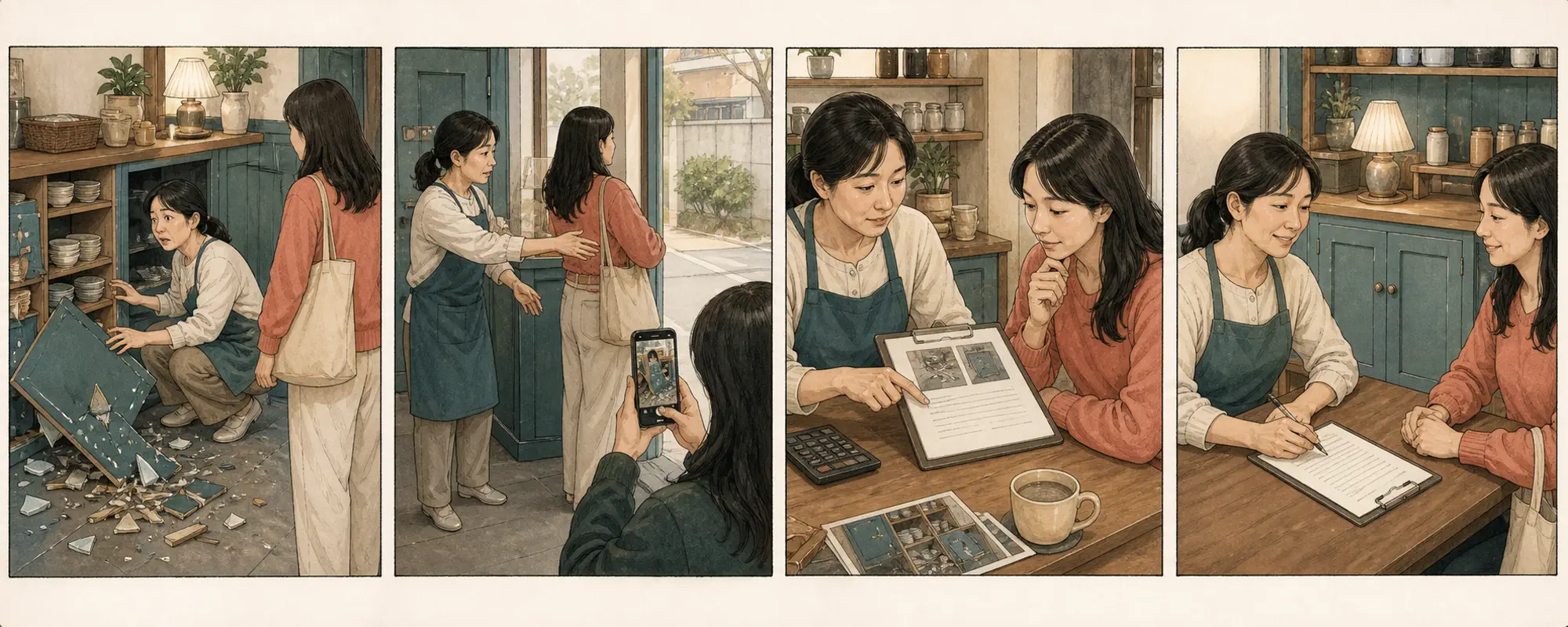 한국 매장에서 고객이 장식장을 파손하고 직원이 안전을 확보한 뒤 사진·견적으로 배상안을 협의하는 4컷 일러스트