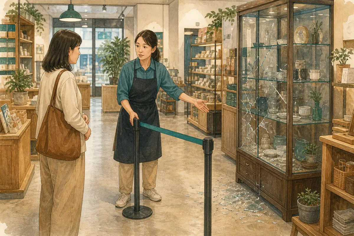 한국 카페에서 유리 장식장이 깨져 직원이 고객을 파편에서 떨어진 안전한 위치로 안내하는 장면