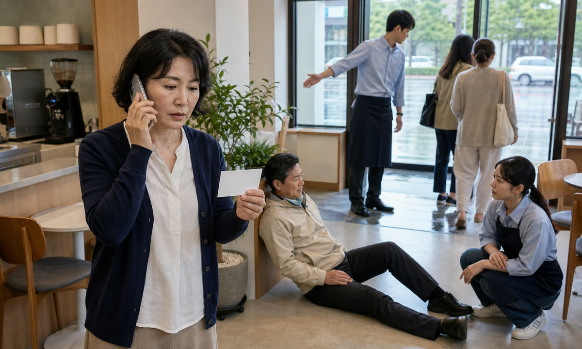 한국인 매장 사장님이 고객이 안정을 취하는 동안 휴대전화로 119와 보험사에 사고 상황을 전달하고 직원이 출입구를 통제하는 장면