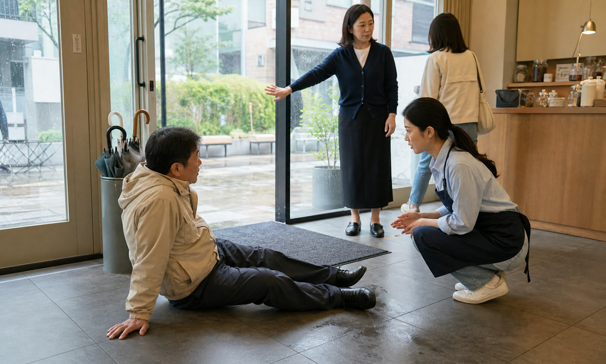 비 오는 날 한국인 동네 매장 입구에서 고객이 미끄러진 뒤 직원이 다가가 상태를 확인하고 다른 손님의 접근을 막는 장면