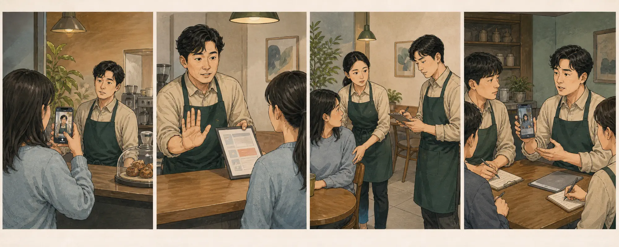 한국 매장에서 고객이 직원을 촬영하고 사장님이 중단과 민원 창구를 안내한 뒤 게시물 증거를 보존하는 4컷 일러스트