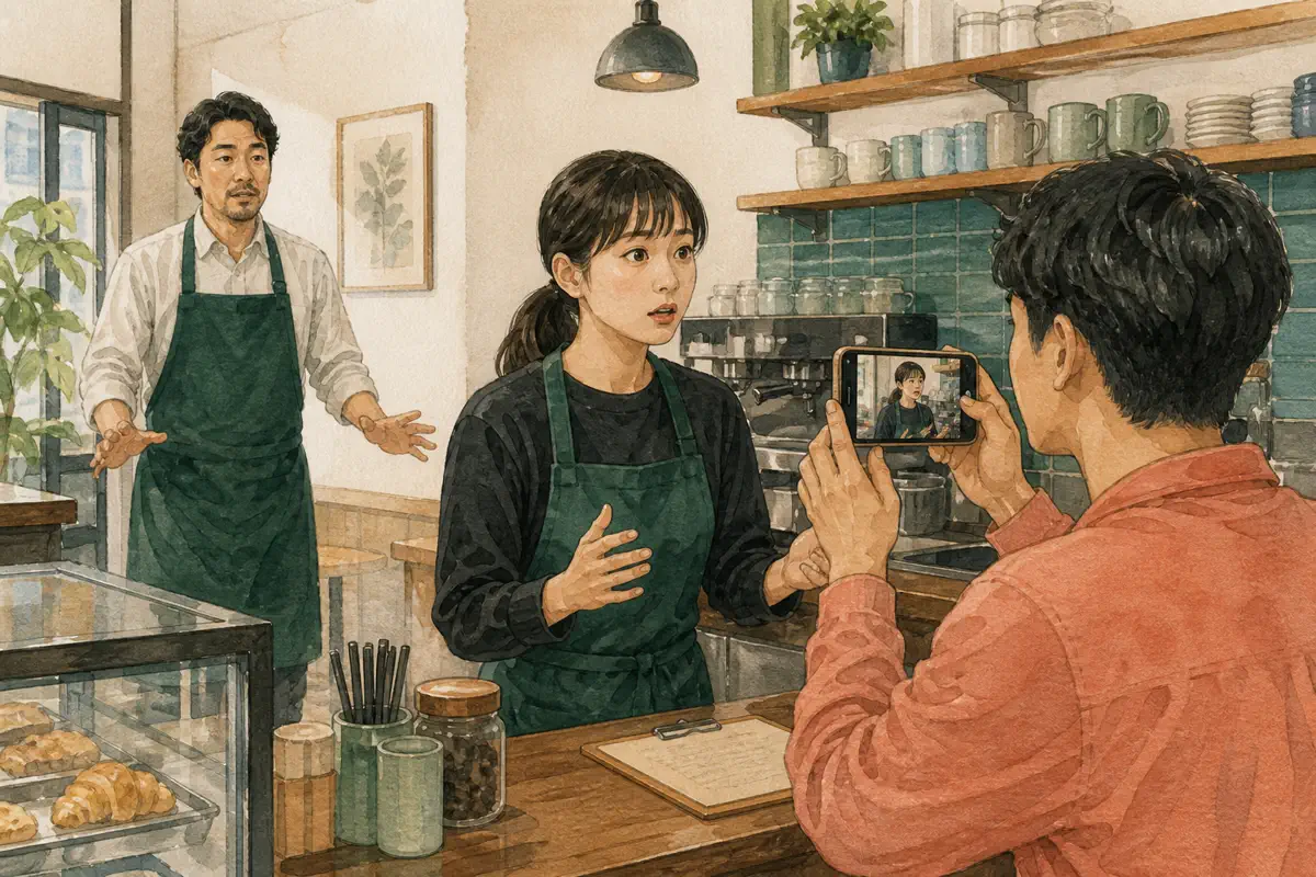 한국 카페 계산대에서 고객이 휴대전화로 직원을 촬영하고 매장 책임자가 거리를 두고 대화하는 장면