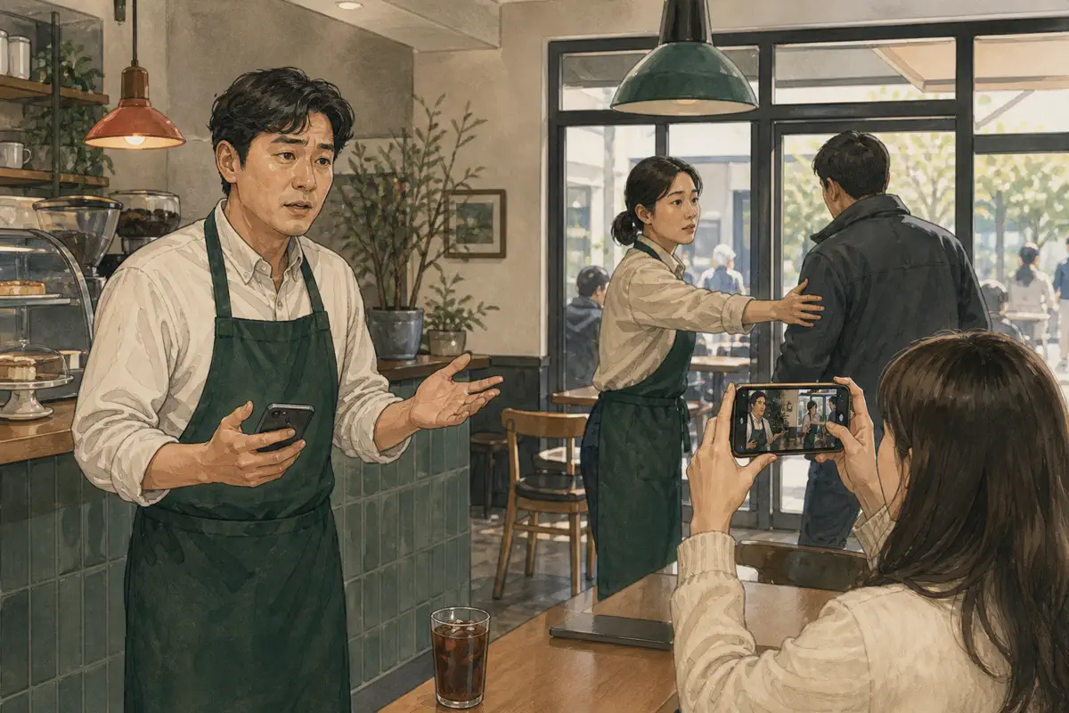 한국 매장 직원들이 촬영 분쟁 역할을 나눠 한 명은 대화하고 다른 직원은 고객 동선을 보호하는 장면