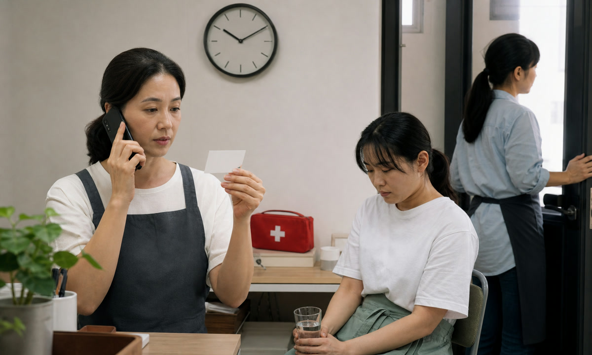 한국인 매장 사장님이 직원들을 안전한 후방 공간으로 이동시킨 뒤 휴대전화로 112에 주소와 현장 상황을 전달하는 장면