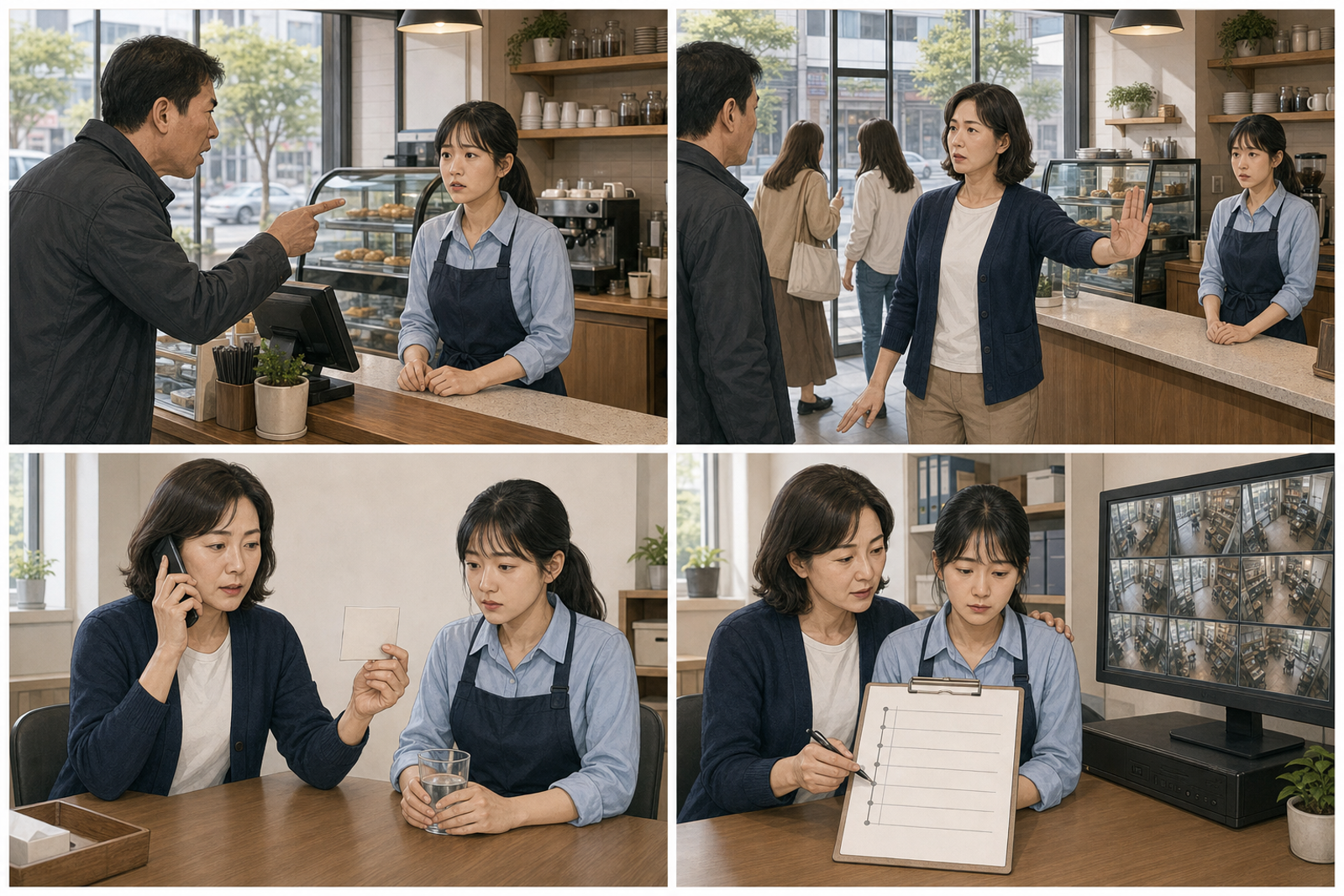 한국인 동네 매장 직원이 고객의 폭언에 경계 문구를 말한 뒤 응대를 종료하고 안전한 곳으로 이동하며 사장님이 112 신고와 증거 보존, 직원 휴식을 지원하는 4컷 안내 이미지