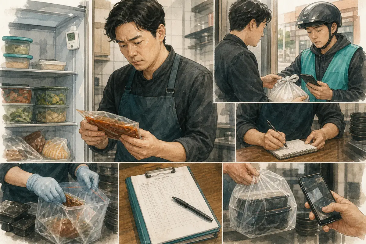 한국 음식점 사장님이 원재료 로트와 냉장 온도표, 배달 주문기록을 함께 확인하는 장면