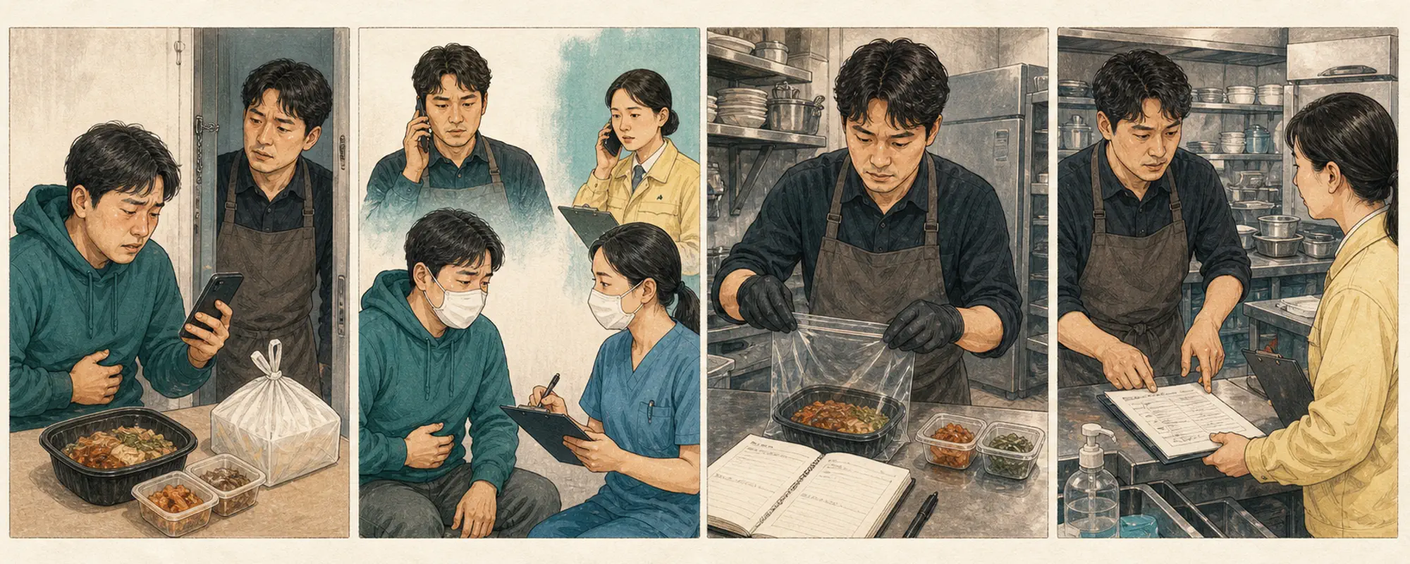 한국 배달음식점에서 고객이 식중독 의심 증상을 신고하고 직원이 의료·보건소 안내 후 원재료와 조리 기록을 보존하는 4컷 일러스트