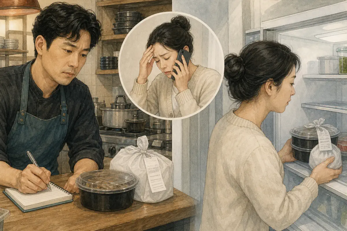 한국인 배달 고객이 남은 음식과 용기를 보존하며 휴대전화로 매장에 증상을 알리는 장면