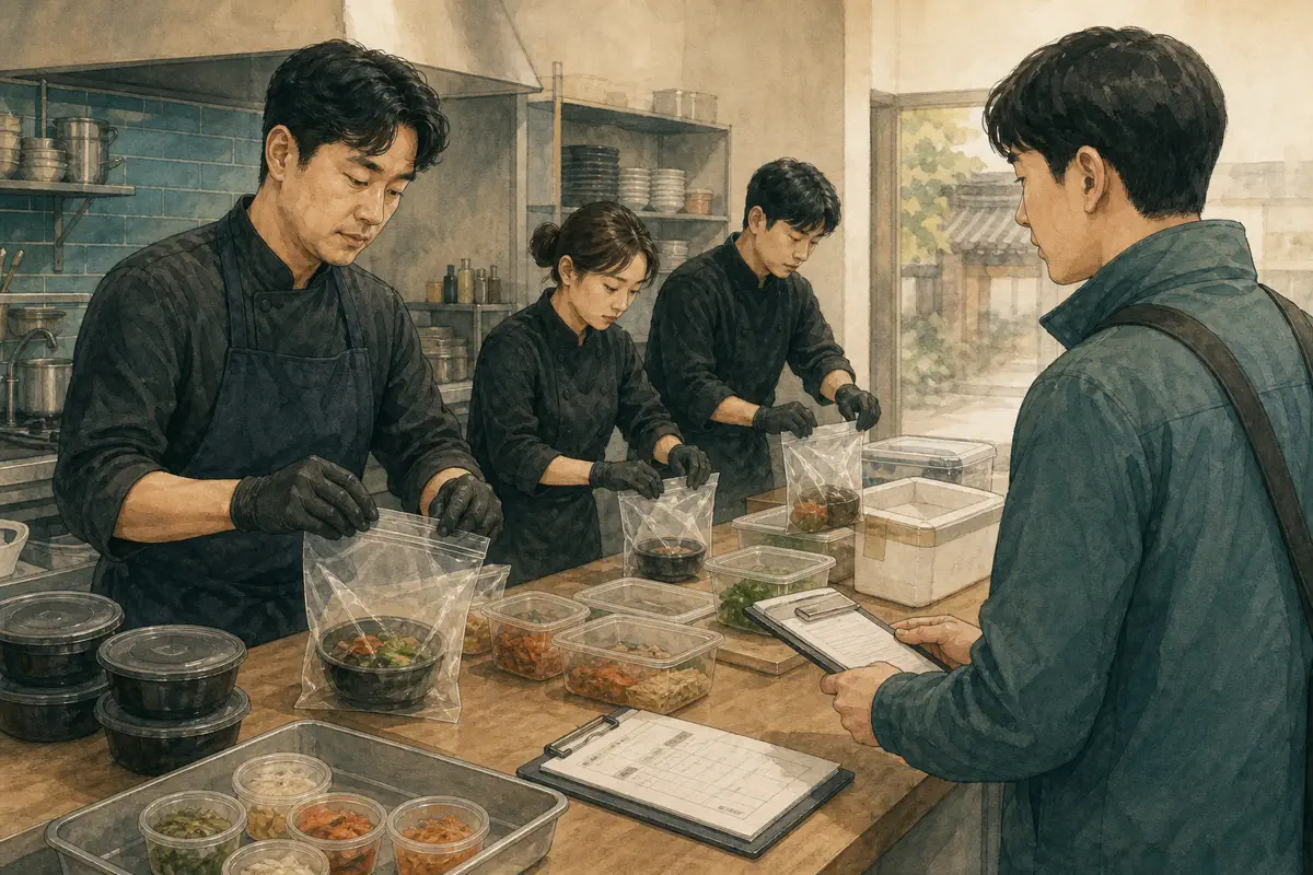 한국 음식점 직원들이 분리된 원재료와 사건 기록을 보건소 조사 담당자에게 인계 준비하는 장면